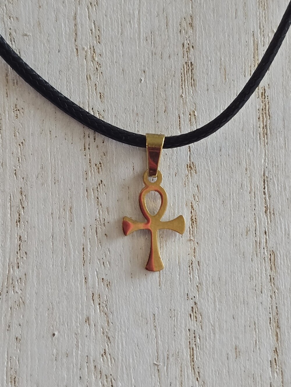 Gold Ankh Pendant Necklace with Black Cord
